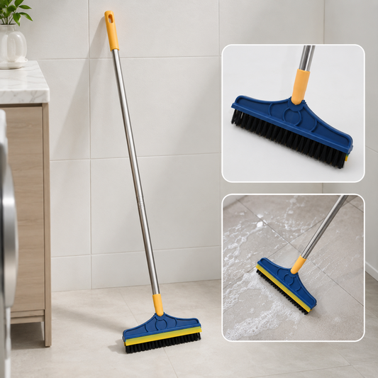 Blue and yellow floor cleaning brush with long handle leaning against a white tiled wall, with close-ups of the brush head
