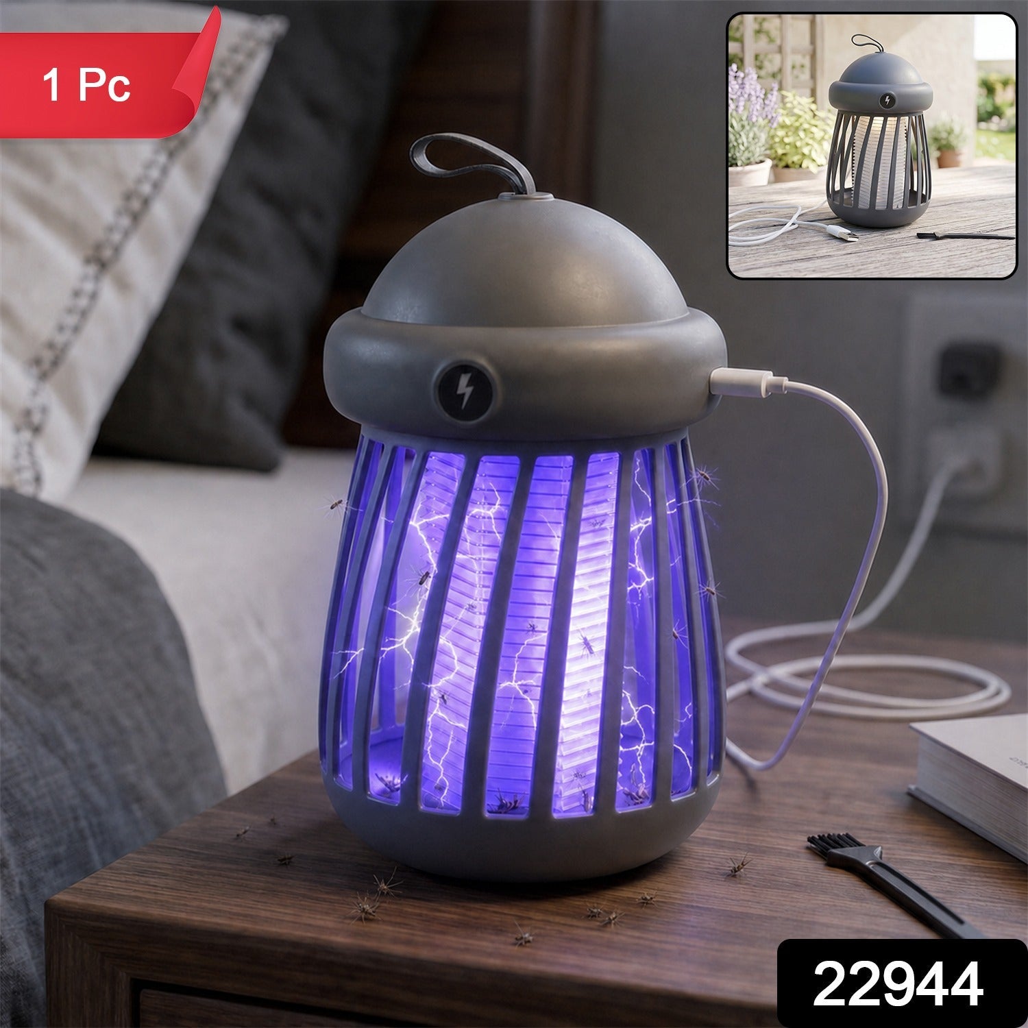 A gray mosquito killer lamp with a purple light and visible electric zaps sits on a wooden nightstand with dead mosquitoes