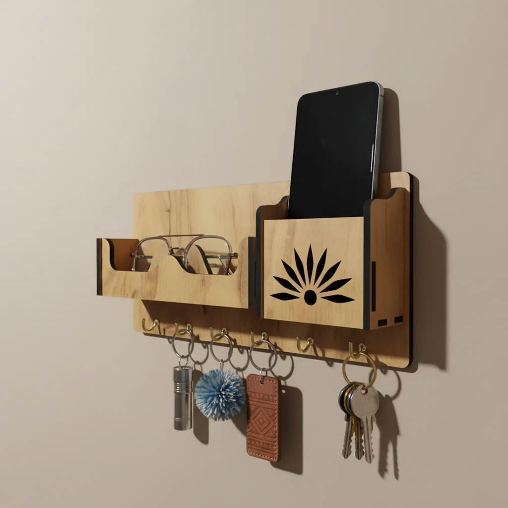 Wooden Wall Mounted Key Holder with Shelf for Mobile, Glasses and Keys