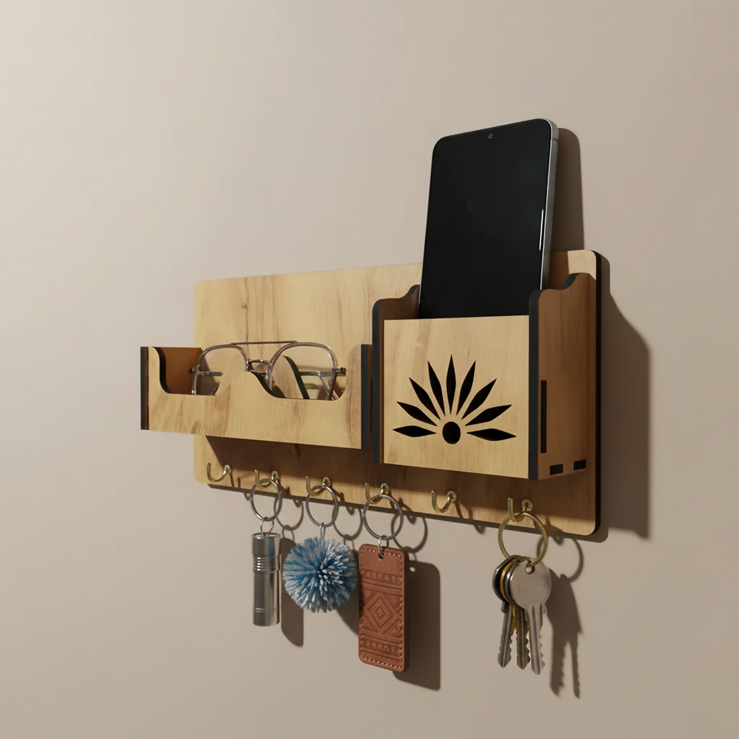 Wooden Wall Mounted Key Holder with Shelf for Mobile, Glasses and Keys