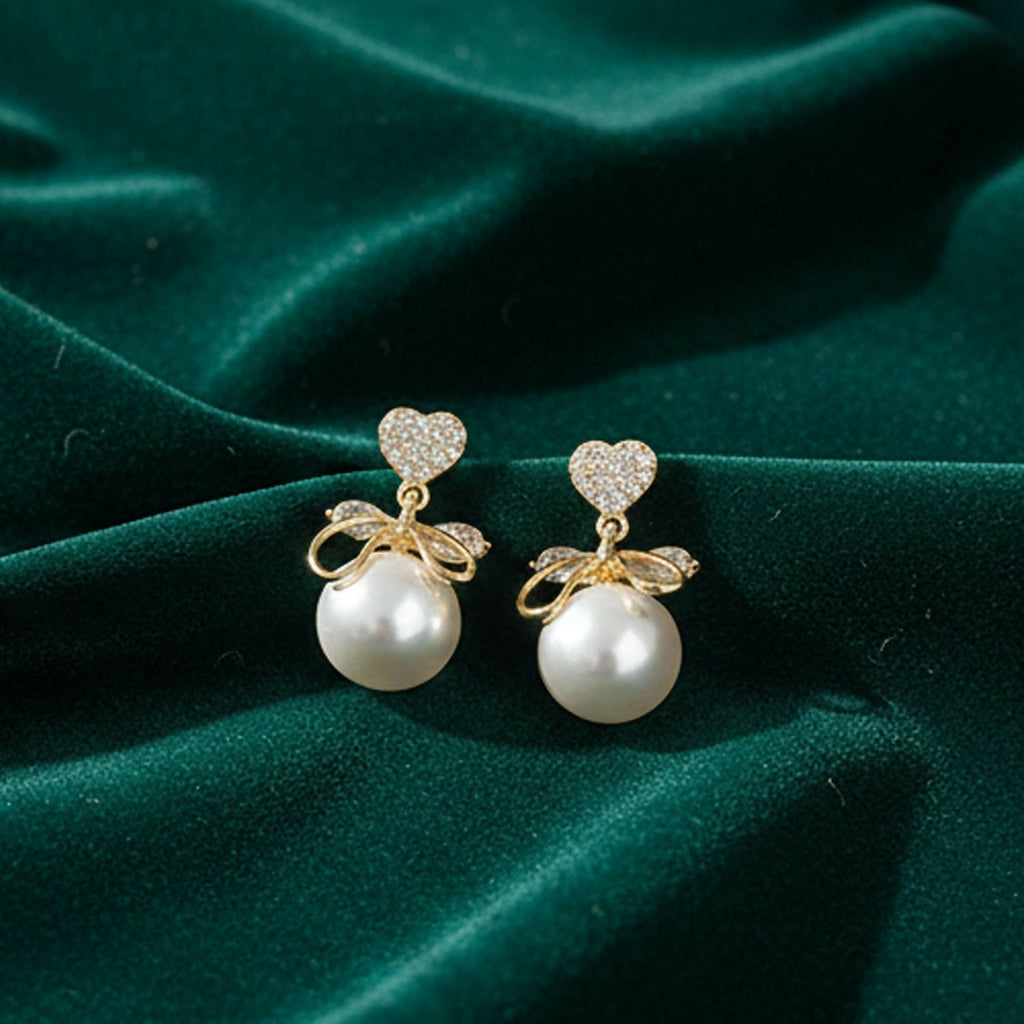 Romantic Heart Crystal & Pearl Bow Earrings – 14K Gold Plated Drop Earrings for Women