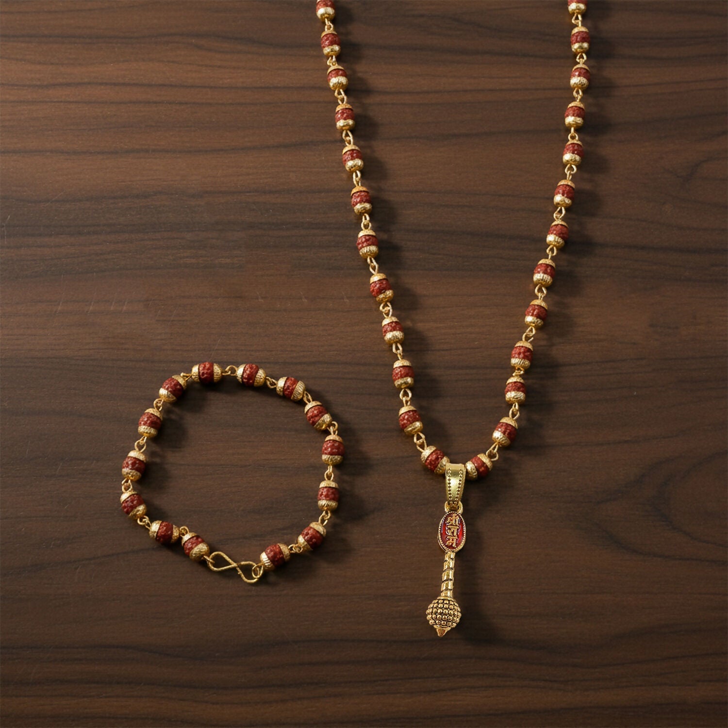 Ram Naam Gada Pendant Gold Plated & Rudraksha Bracelet Combo