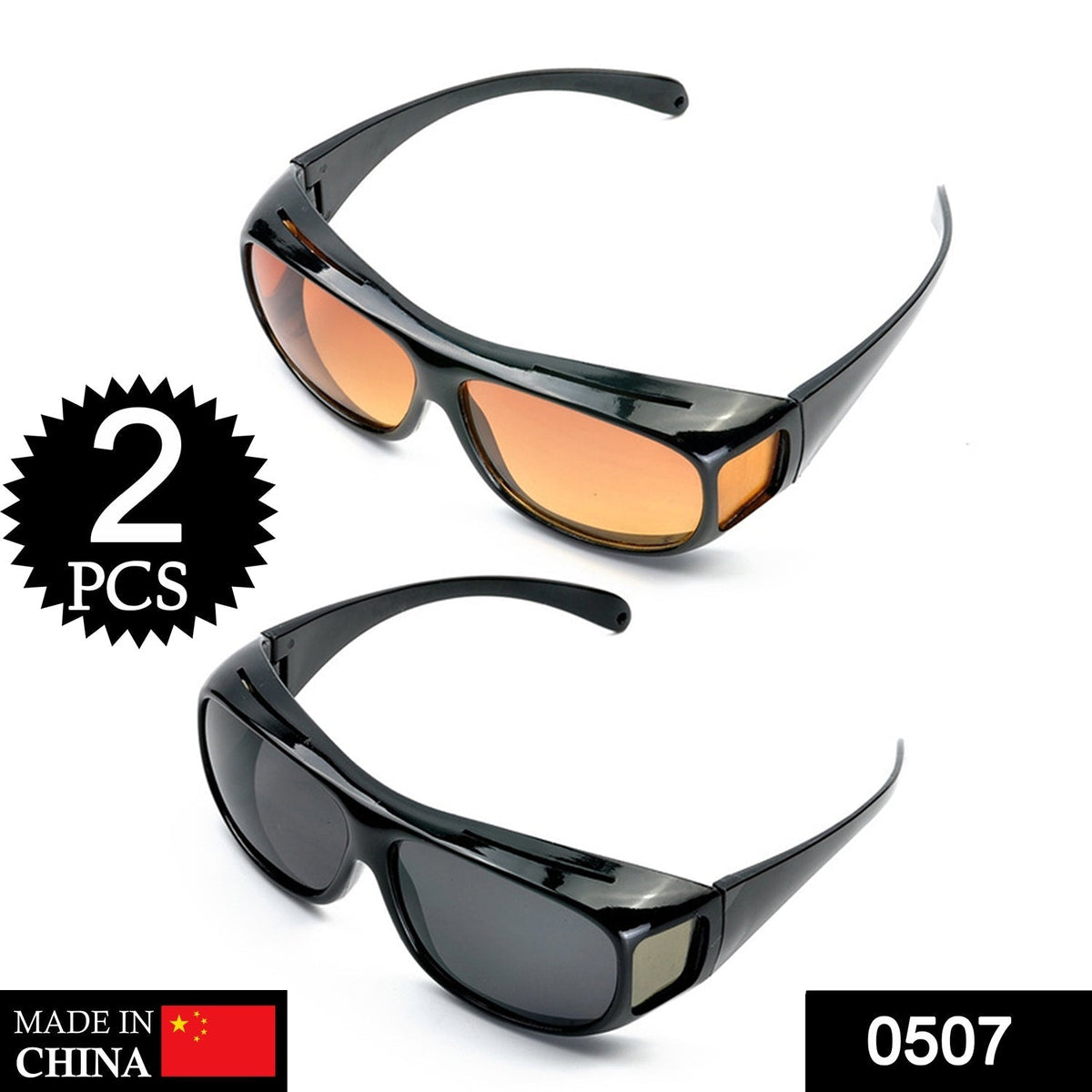 Two pairs of wrap-around glasses, one with yellow-orange lenses and one with dark lenses, on a white background, with a "2