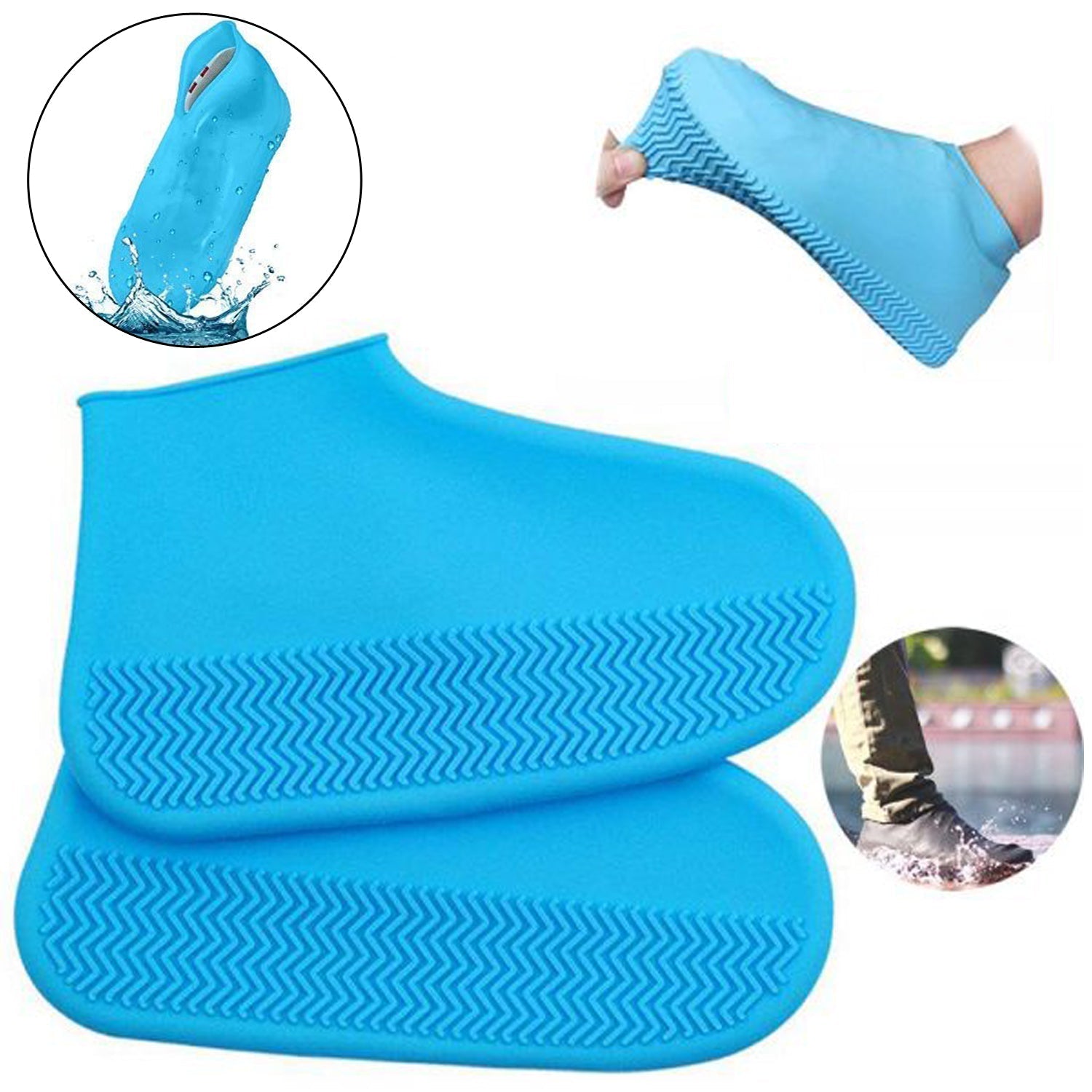 Two blue silicone shoe covers with textured soles, one shown in water and another stretched over a foot.