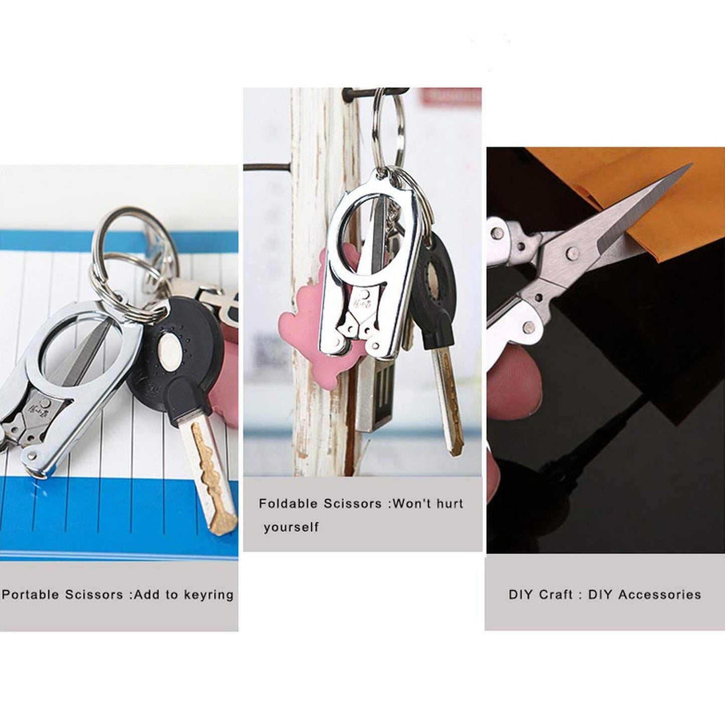 Three panels show the silver folding scissors: attached to a keyring, hanging with keys, and cutting brown paper.