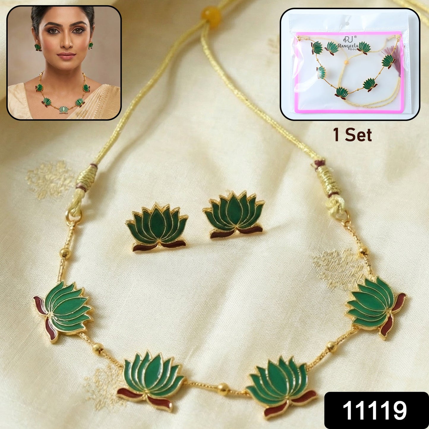 Close-up of green lotus necklace paired with stud earrings set