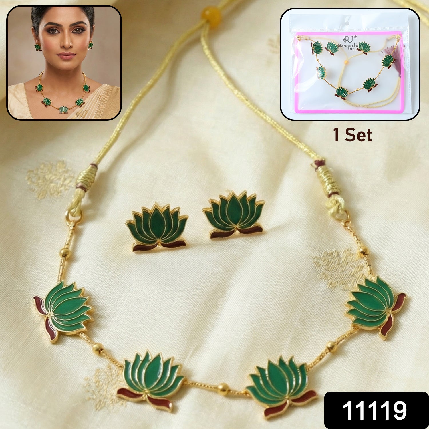 Close-up of green lotus necklace paired with stud earrings set