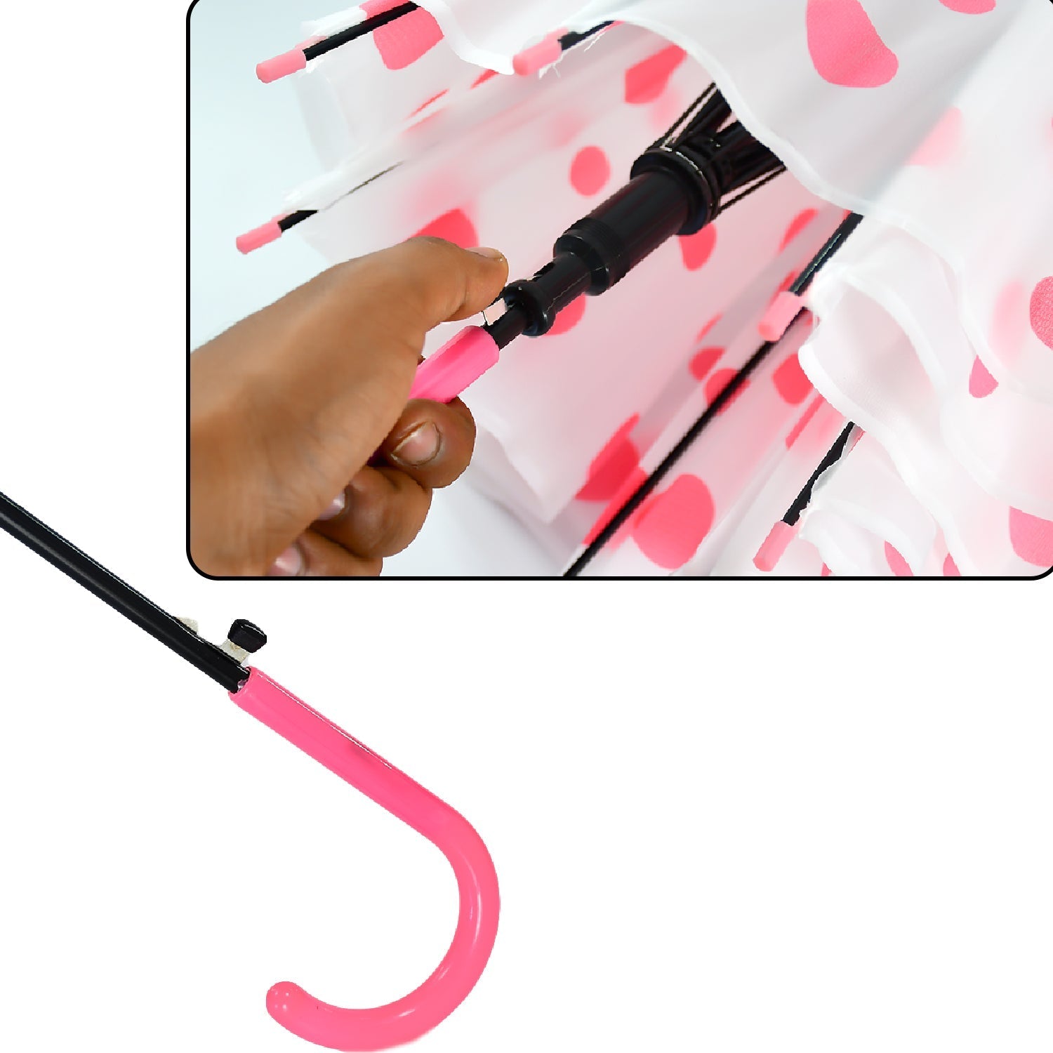 A close-up shows a hand operating the pink automatic button on the umbrella's stem, with the pink hooked handle visible.