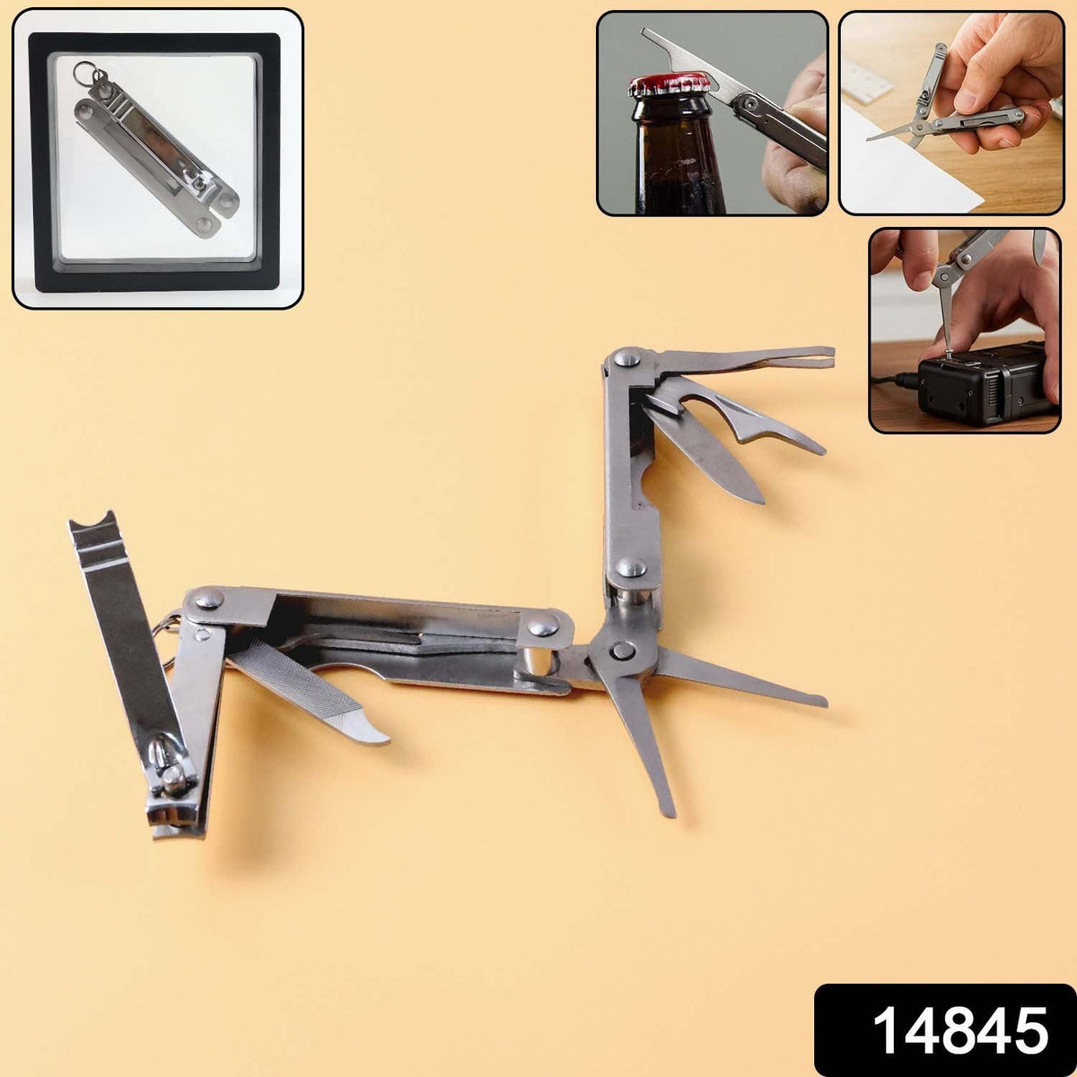 A silver multi-tool with various tools extended on a light orange background, with a small inset of the tool folded.