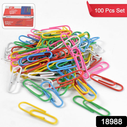 Pile of colorful 28mm metal U-shape paper clips scattered on white surface