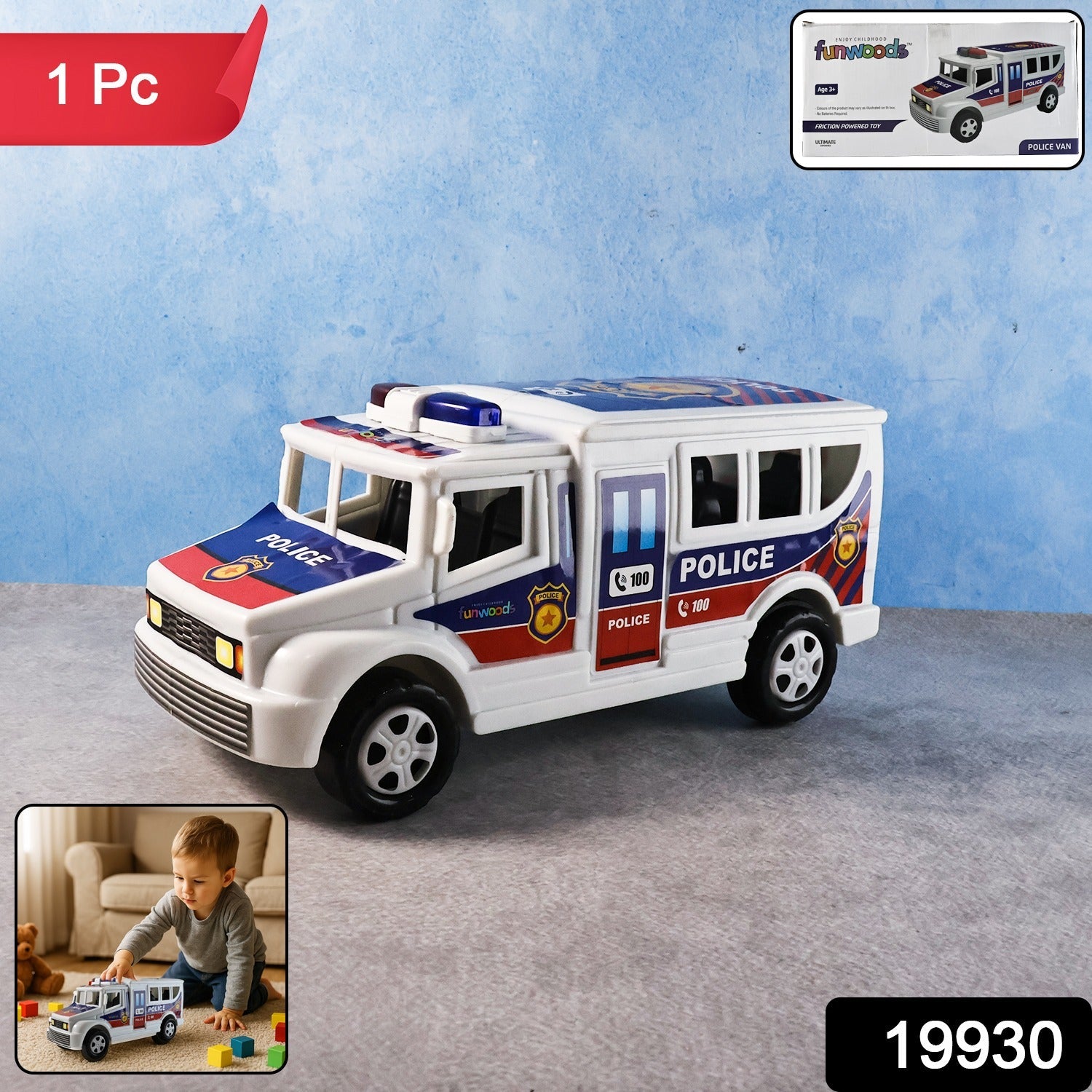 Close-up of Police Van Toy showing bright police decals and detailed design