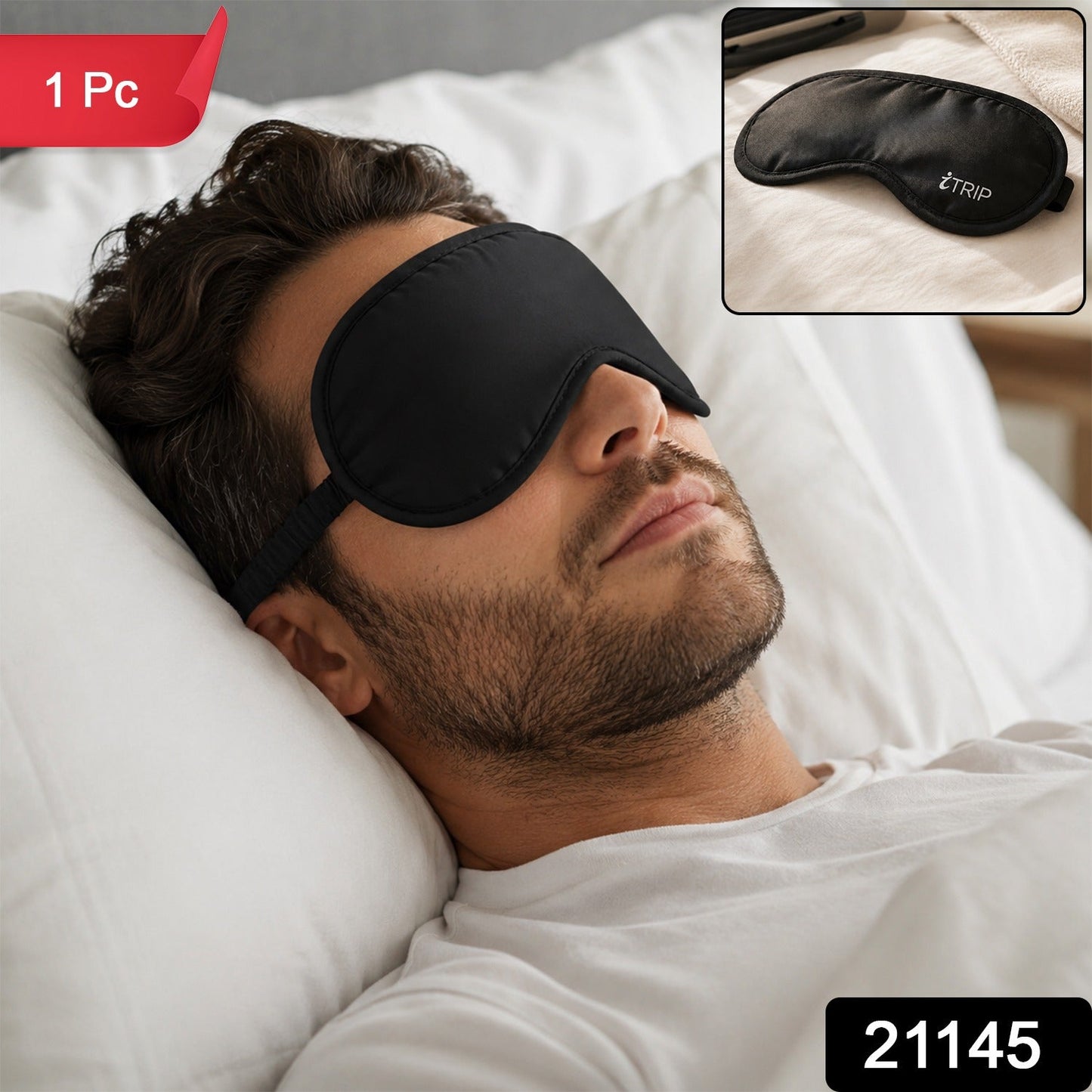 A black sleeping eye mask with the "iTRIP" logo is shown in a close-up, with a "1 Pc" label in the corner.