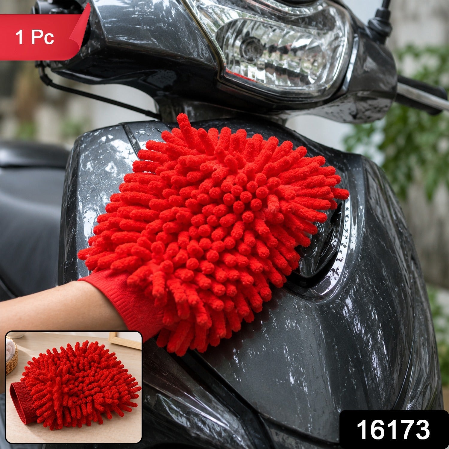 A red microfiber chenille wash glove on a person's hand cleaning a dark gray scooter, with a "1 Pc" label.