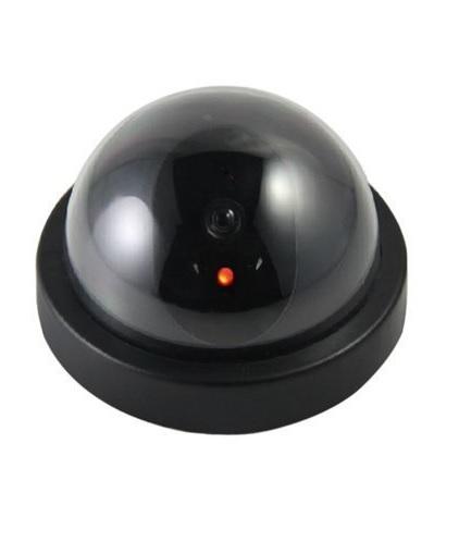 Black dome dummy security camera with a red light on a clean white background.
