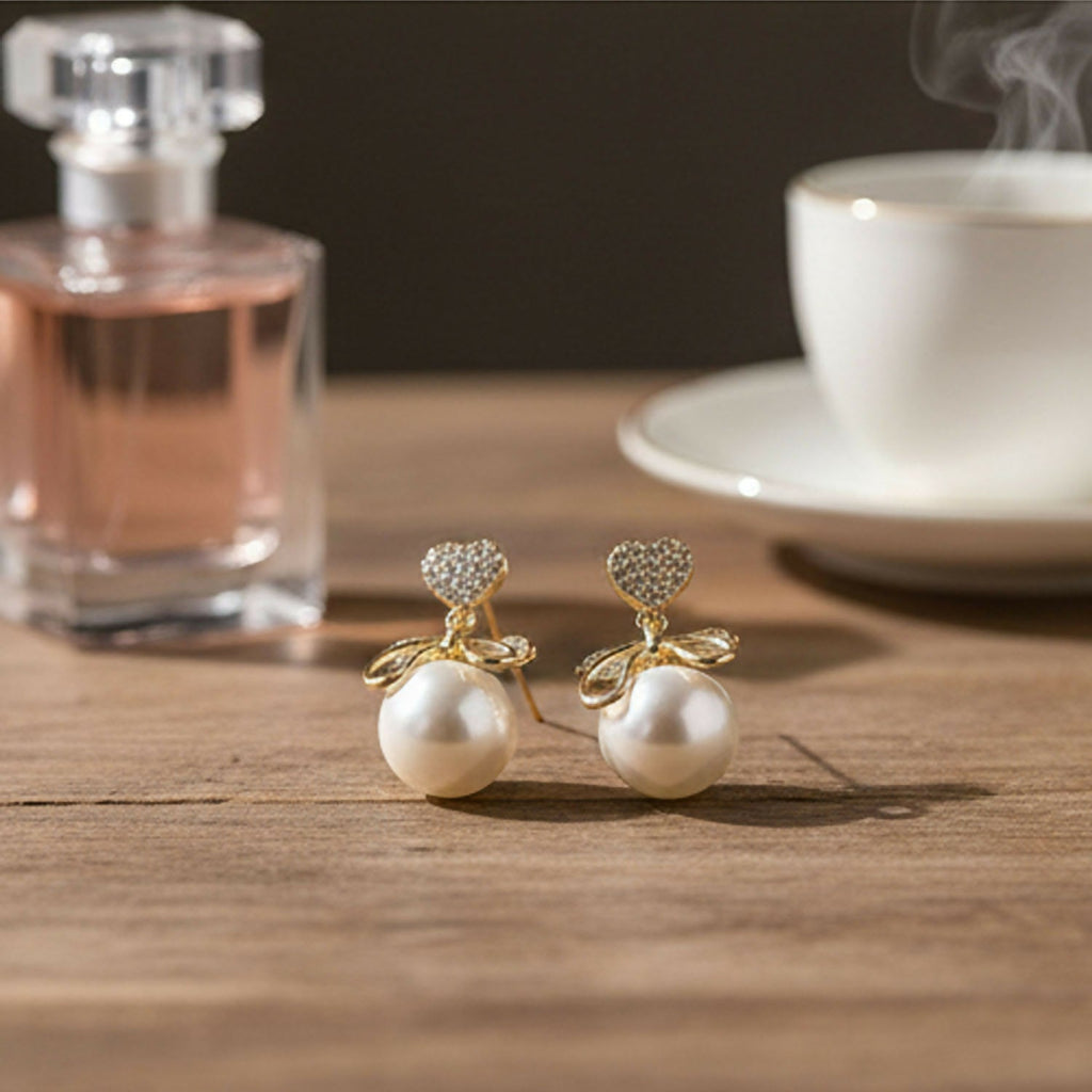 Romantic Heart Crystal & Pearl Bow Earrings – 14K Gold Plated Drop Earrings for Women