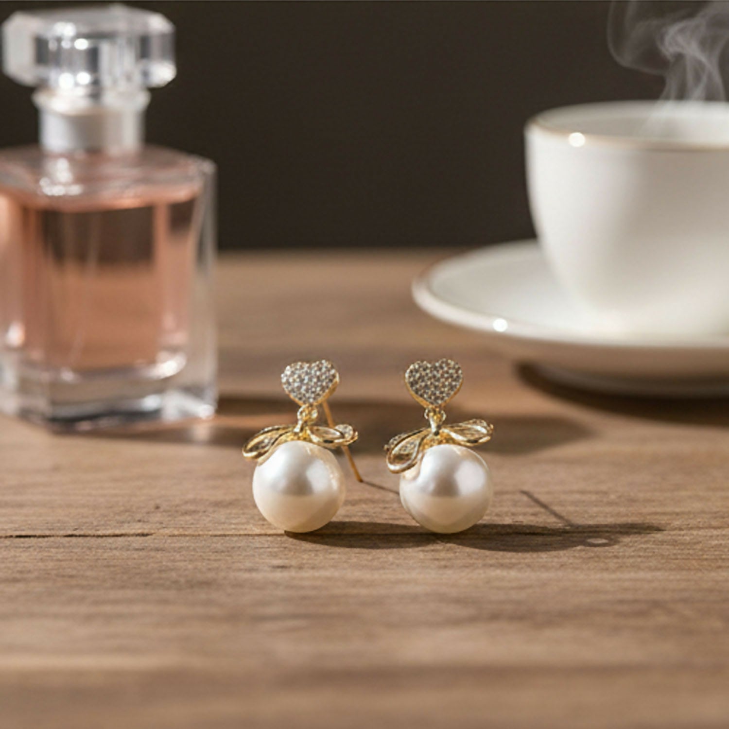 Romantic Heart Crystal & Pearl Bow Earrings – 14K Gold Plated Drop Earrings for Women