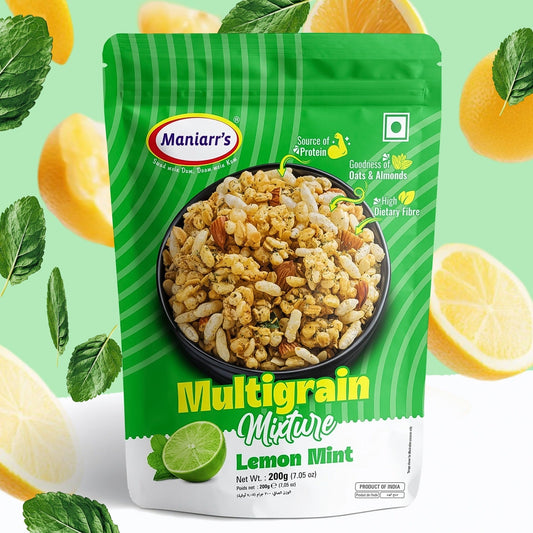 Maniarr's Lemon Mint Roasted Multigrain Mixture pack with vibrant branding.
