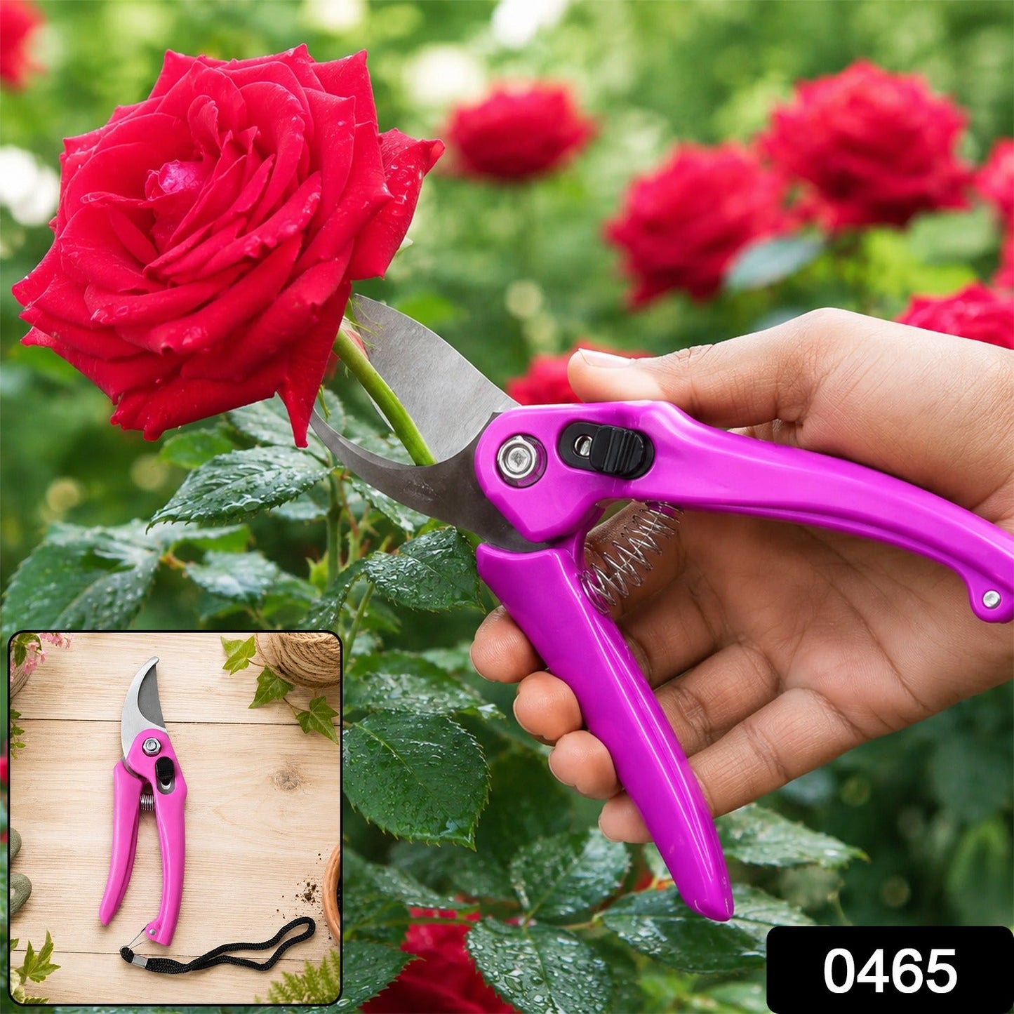 A hand uses pink pruning shears to cut a red rose stem, with an inset showing the shears on a wooden surface  