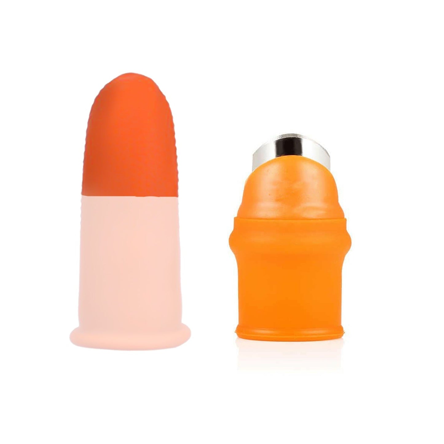 A beige and orange finger protector stands next to an orange thumb cutter with a silver blade on a white background.