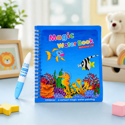 A blue spiral-bound 'Magic Water Book' with an underwater scene and a white water pen on a light blue table.