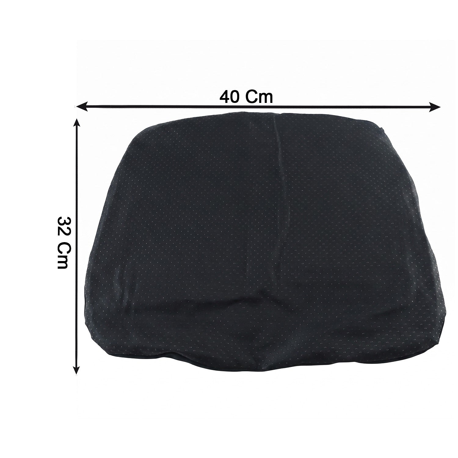 Top-down view of a black ergonomic seat cushion with dimensions of 40 cm width and 32 cm length.