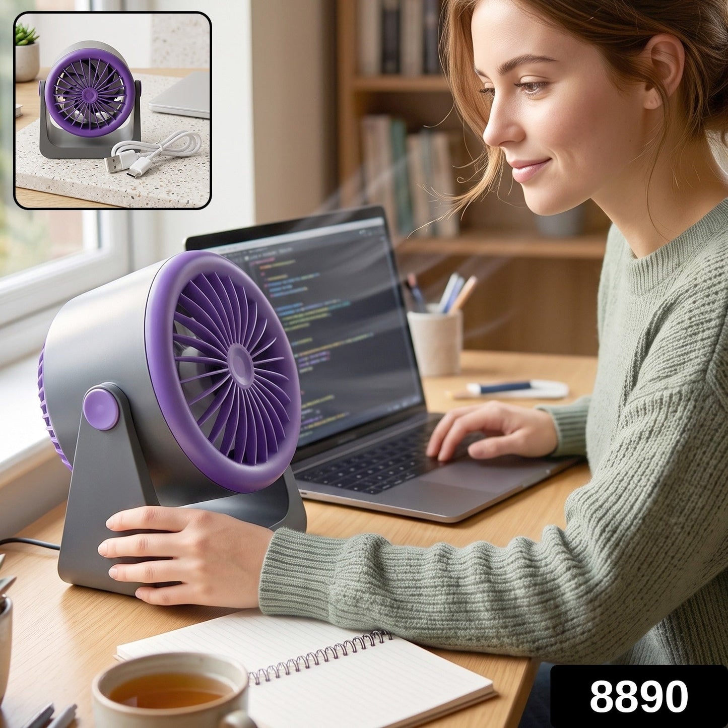 A gray and purple Personal Desktop Air Circulation Fan sits on a speckled white desk with a white USB-C cable.