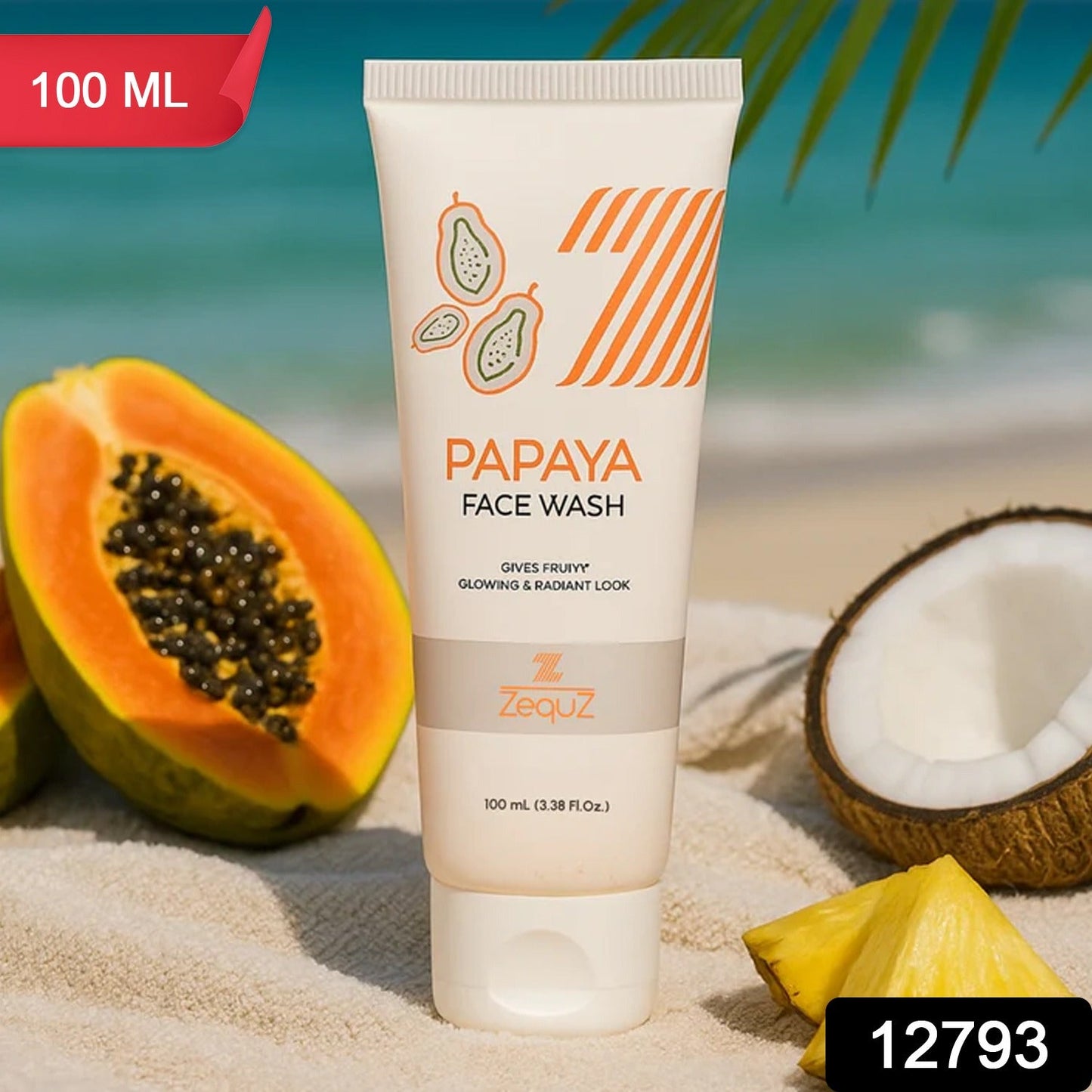 Papaya Face Wash tube placed beside fresh papaya fruit slices