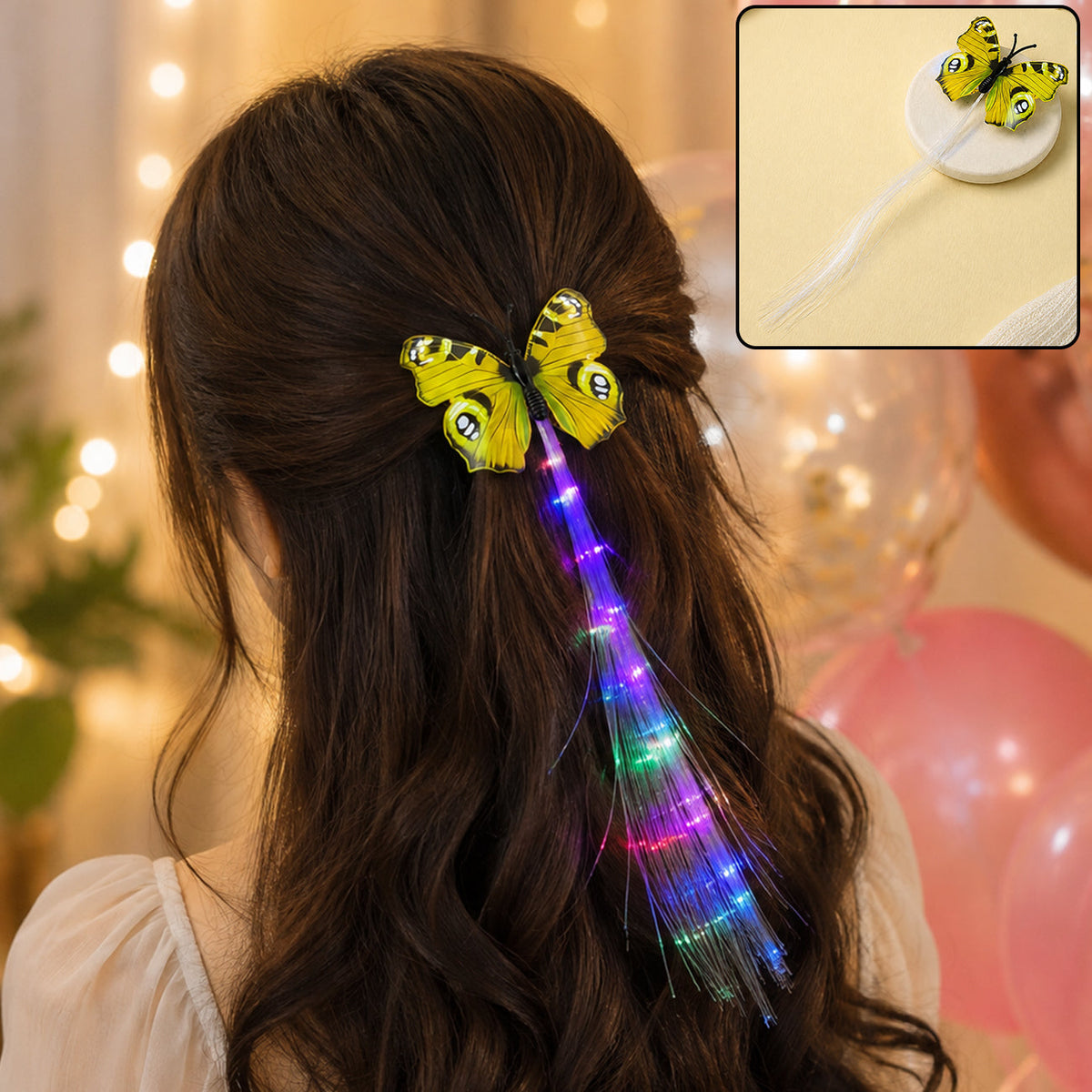 A person's back shows a yellow butterfly hair clip with rainbow fiber optic strands glowing in their dark hair.
