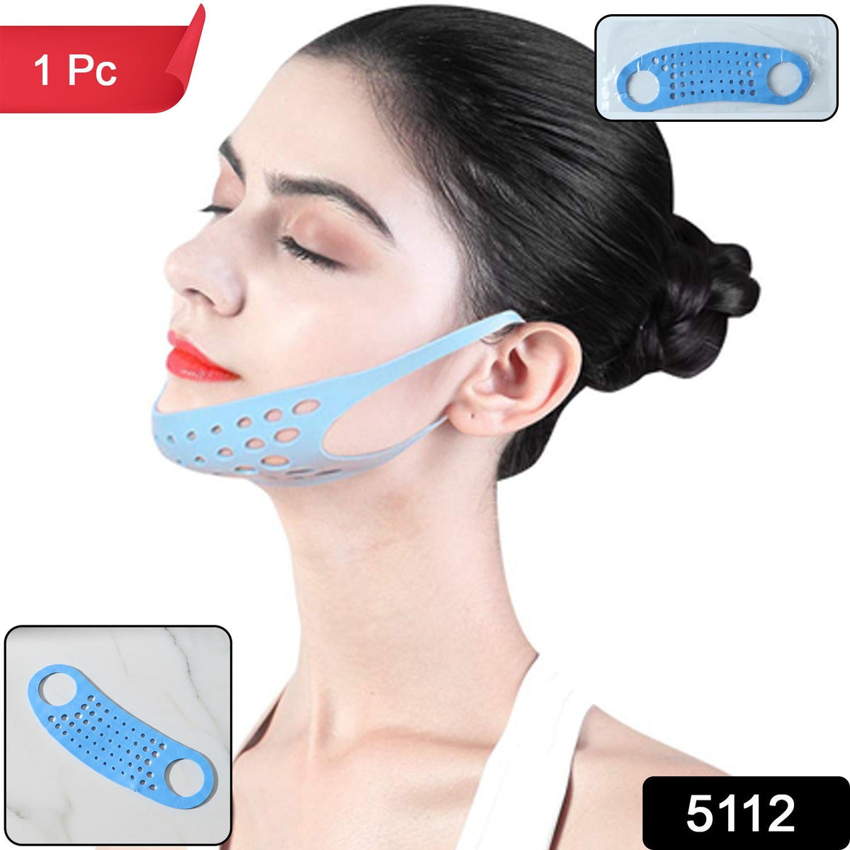 A woman wears a blue silicone chin and ear strap, with insets showing the product unpackaged and packaged.