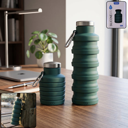 Green silicone foldable water bottle, 500ml for travel & sports