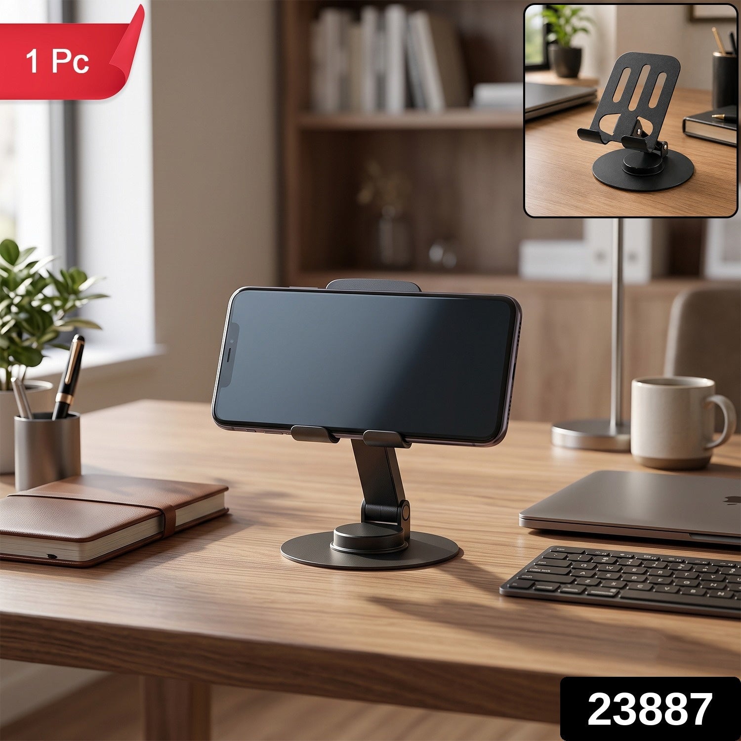 A black metal mobile stand with a phone on a wooden desk, with a red "1 Pc" label and a "23887" label.