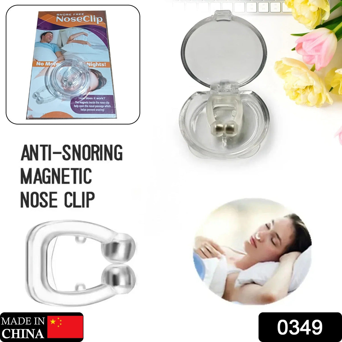 A collage with a clear silicone anti-snore nose clip, its packaging, and a sleeping woman.