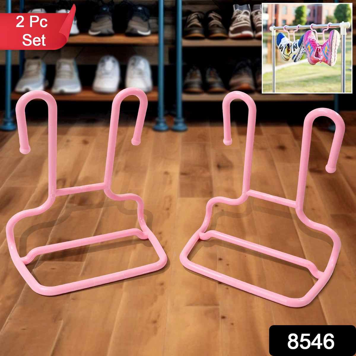 Two pink plastic shoe drying racks are on a wooden floor, with a small inset image of shoes hanging outdoors.