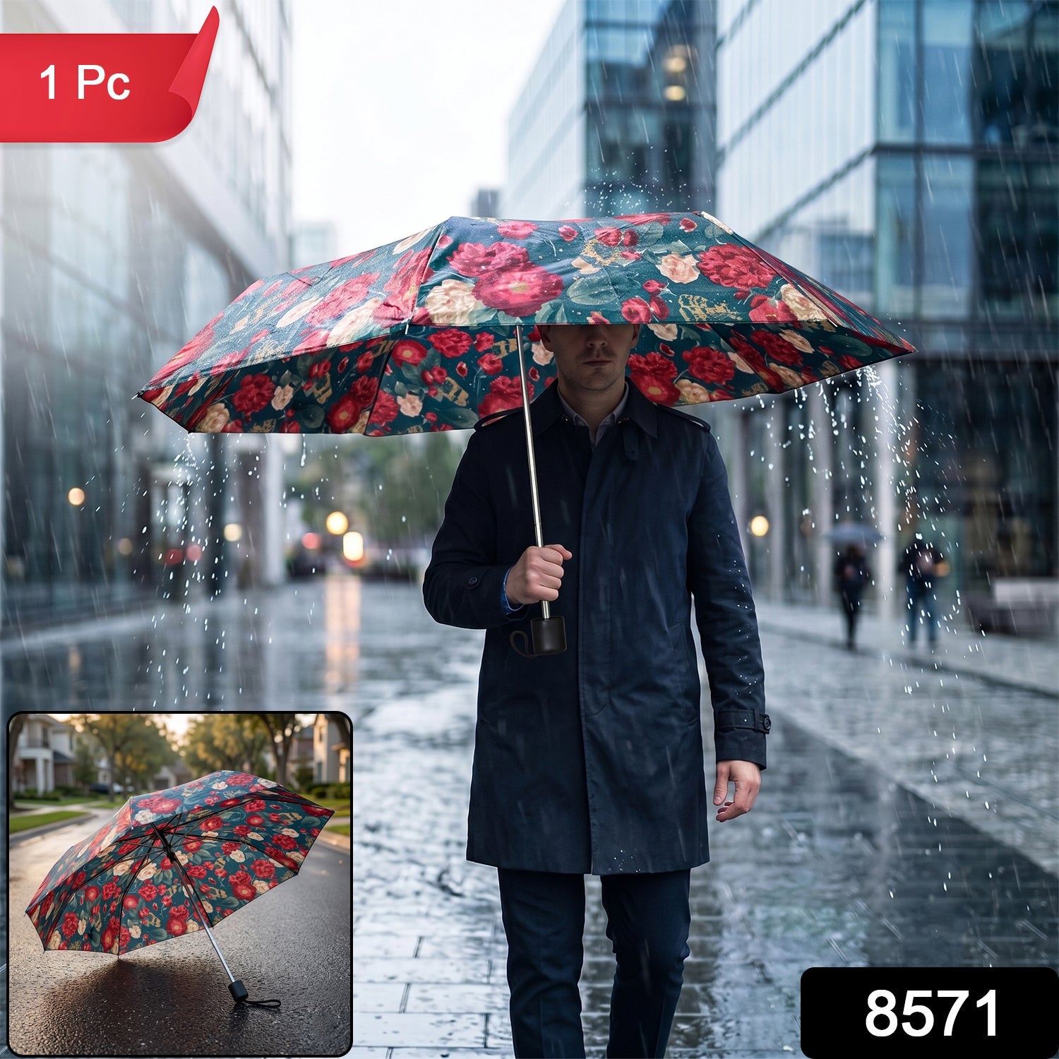 A red banner with "1 Pc" is in the top left corner, and "8571" in the bottom right, over a man holding a floral umbrella in