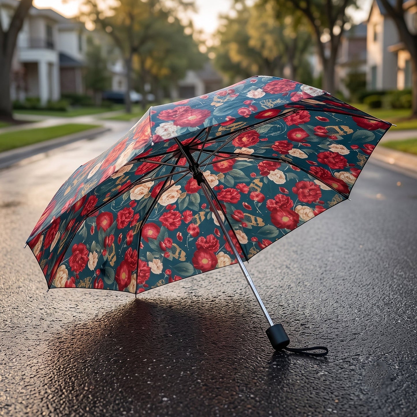 An open floral umbrella with red and white flowers on a dark green background sits on a wet asphalt street in a suburban