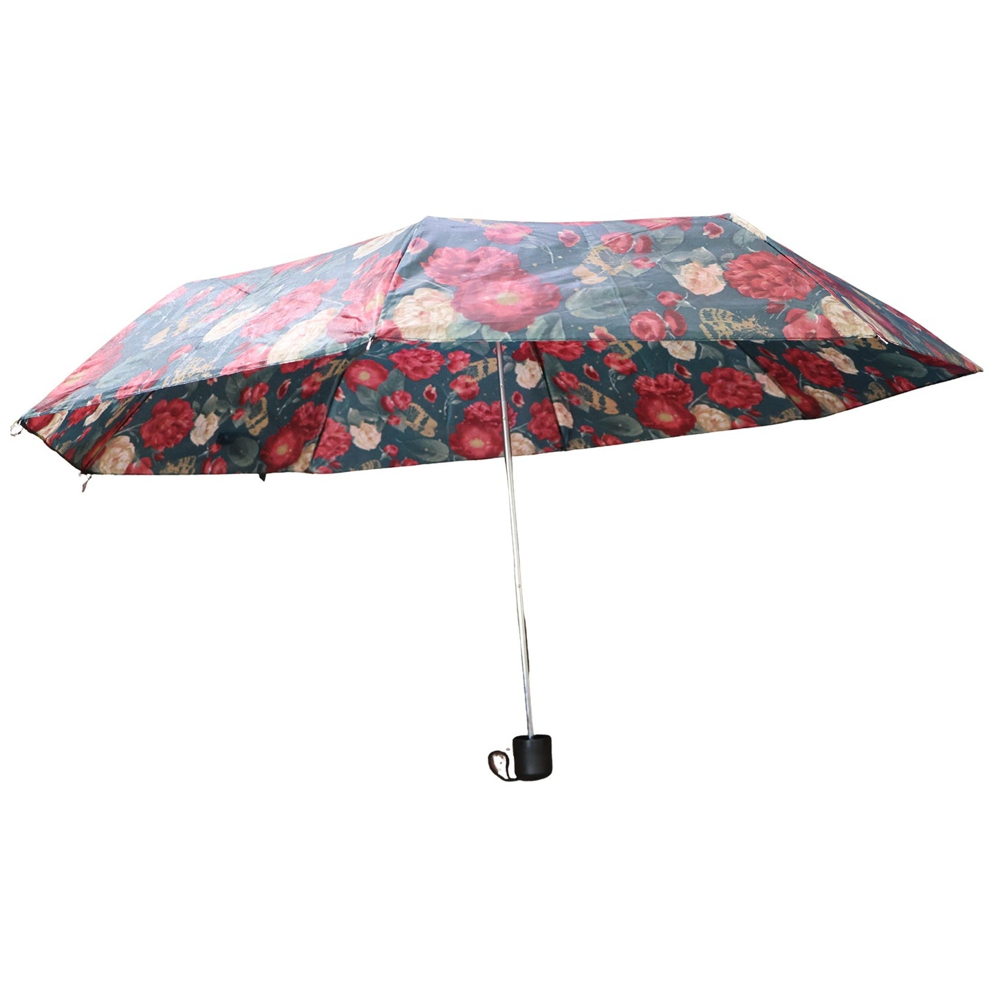 A fully open floral umbrella, featuring red and white flowers on a dark green canopy, is displayed against a plain white