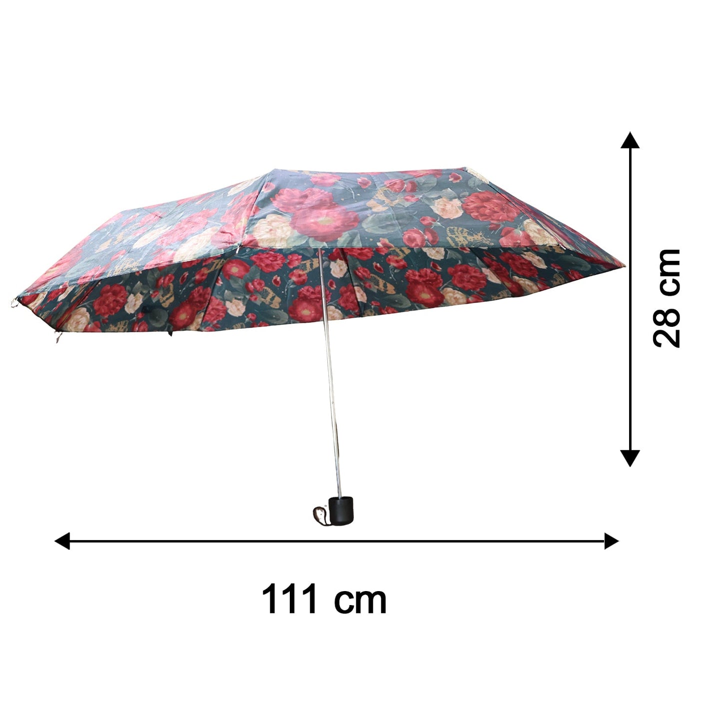 An open floral umbrella with red and white flowers on a dark green canopy is shown with dimensions of 28 cm height and 111