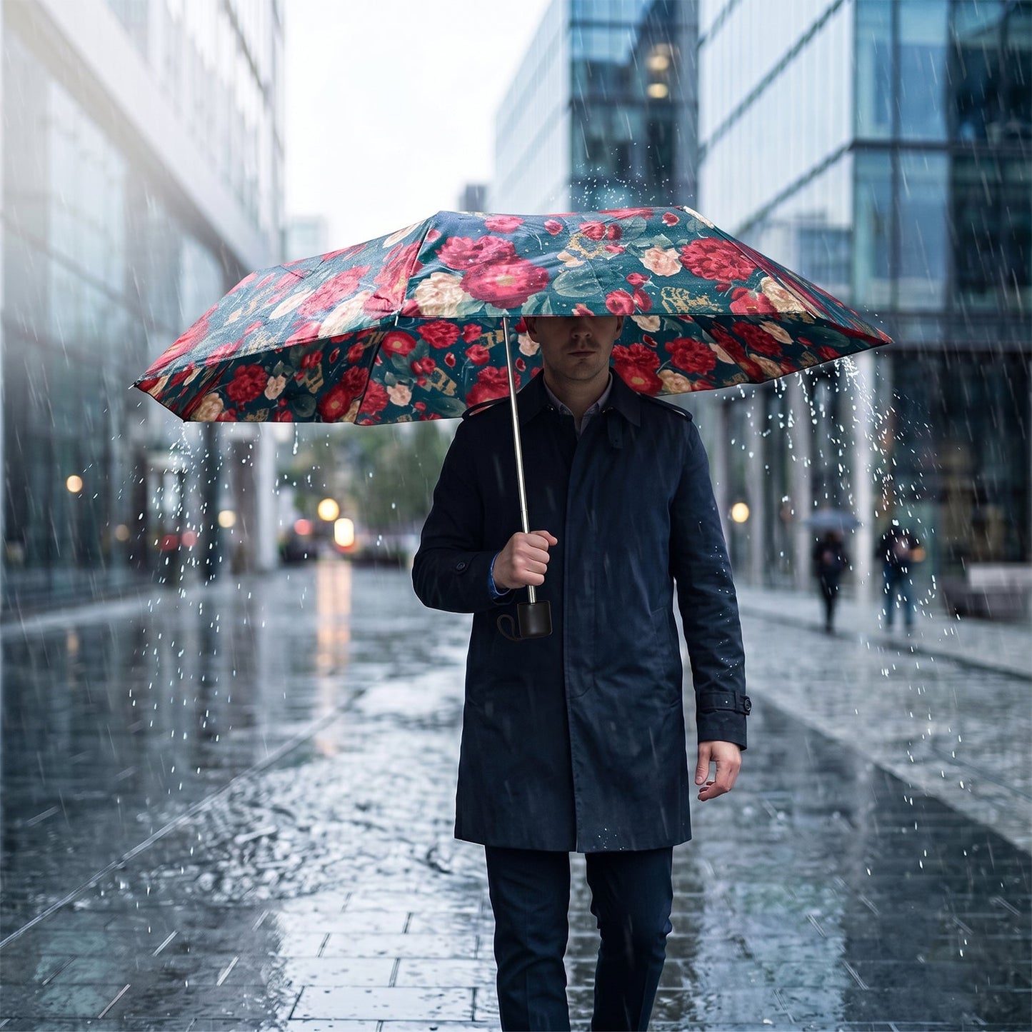 A man in a dark coat holds an open floral umbrella with red and white flowers on a dark green background, walking in the