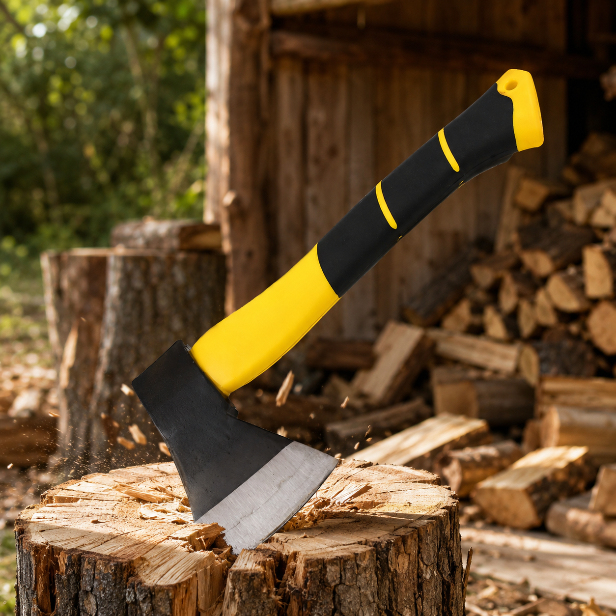 A yellow and black hatchet axe is stuck in a tree stump with wood chips flying, surrounded by firewood.