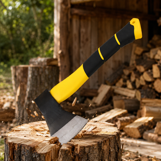 A yellow and black hatchet axe is stuck in a tree stump with wood chips flying, surrounded by firewood.