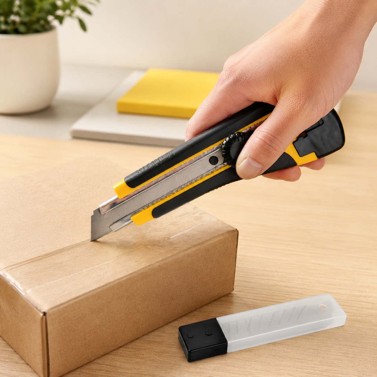 A hand holds a black and yellow utility knife, cutting into a cardboard box, with extra blades in a clear case nearby.
