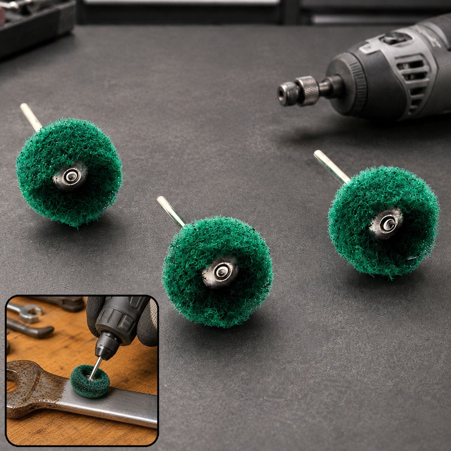 Three green polishing wheels with metal shanks and a rotary tool on a dark surface, with an inset image of one wheel in use.