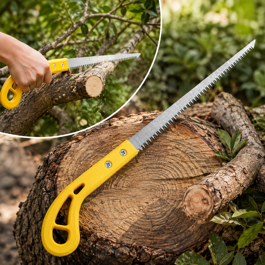 A yellow-handled pruning saw is shown on a tree stump, with an inset of it cutting a branch.