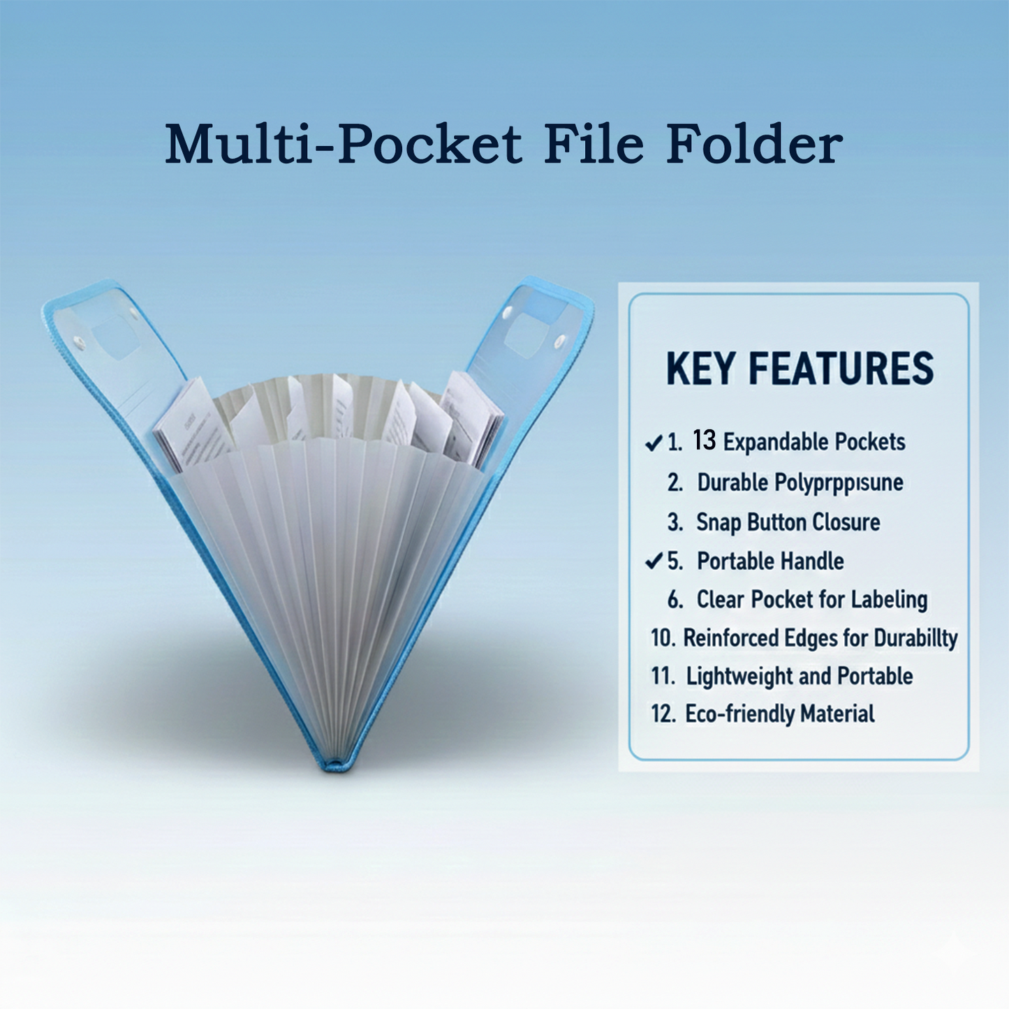 Front view of 13 pocket plastic document file folder with handle