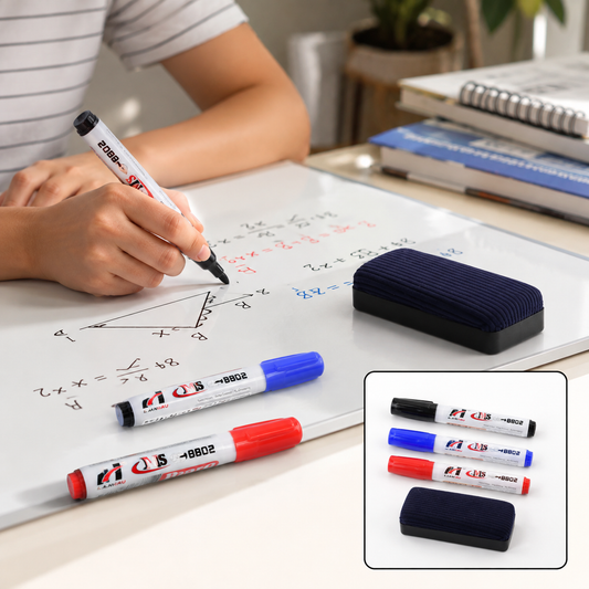 A person writing with a black whiteboard marker on a whiteboard with math equations, alongside a blue duster and two markers.