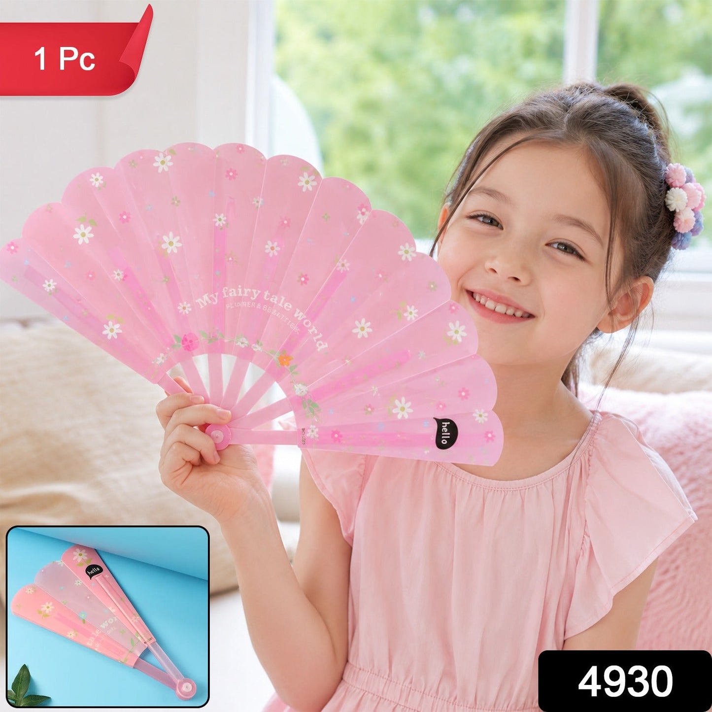 A folded pink fan with white flowers and a "hello" speech bubble rests on a diagonal blue and gray background.