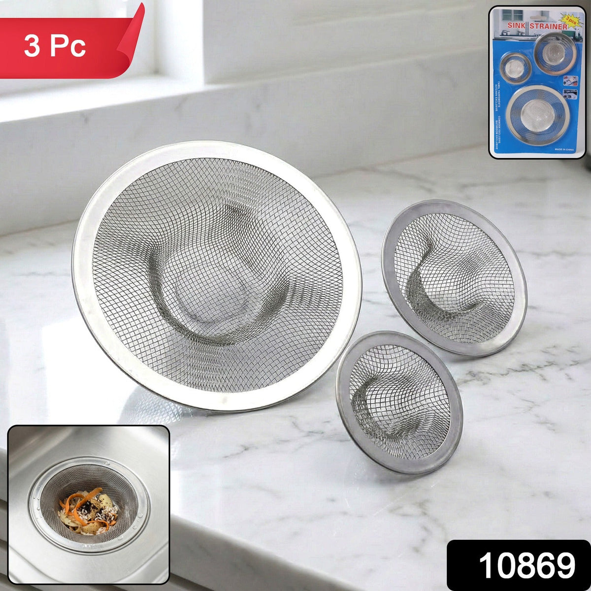Three stainless steel mesh sink strainers on a white marble countertop with product packaging in the top right.