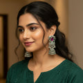 Traditional Silver Jhumka Earrings with Pink Stone & Intricate Filigree Design