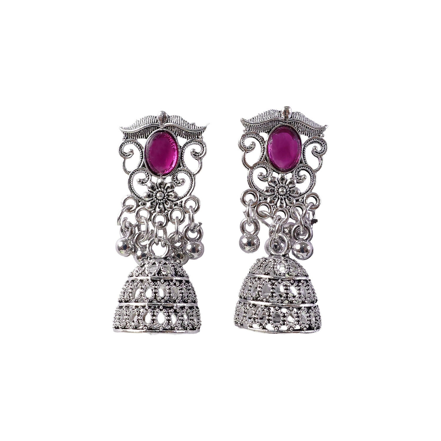 Traditional Silver Jhumka Earrings with Pink Stone & Intricate Filigree Design