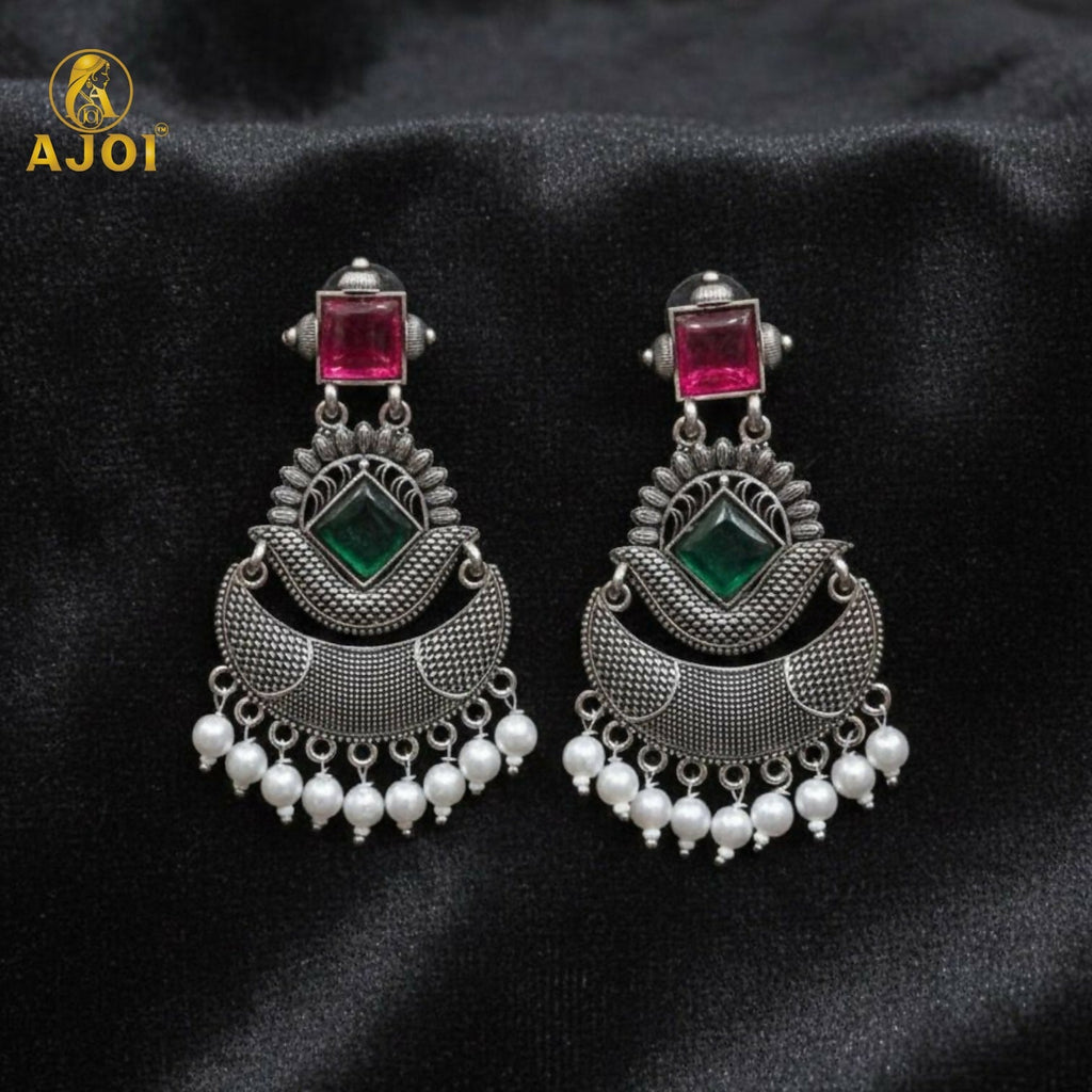 Antique Silver-Finish Chandbali Earrings with Green & Ruby-Tone Stones and Pearl Drops
